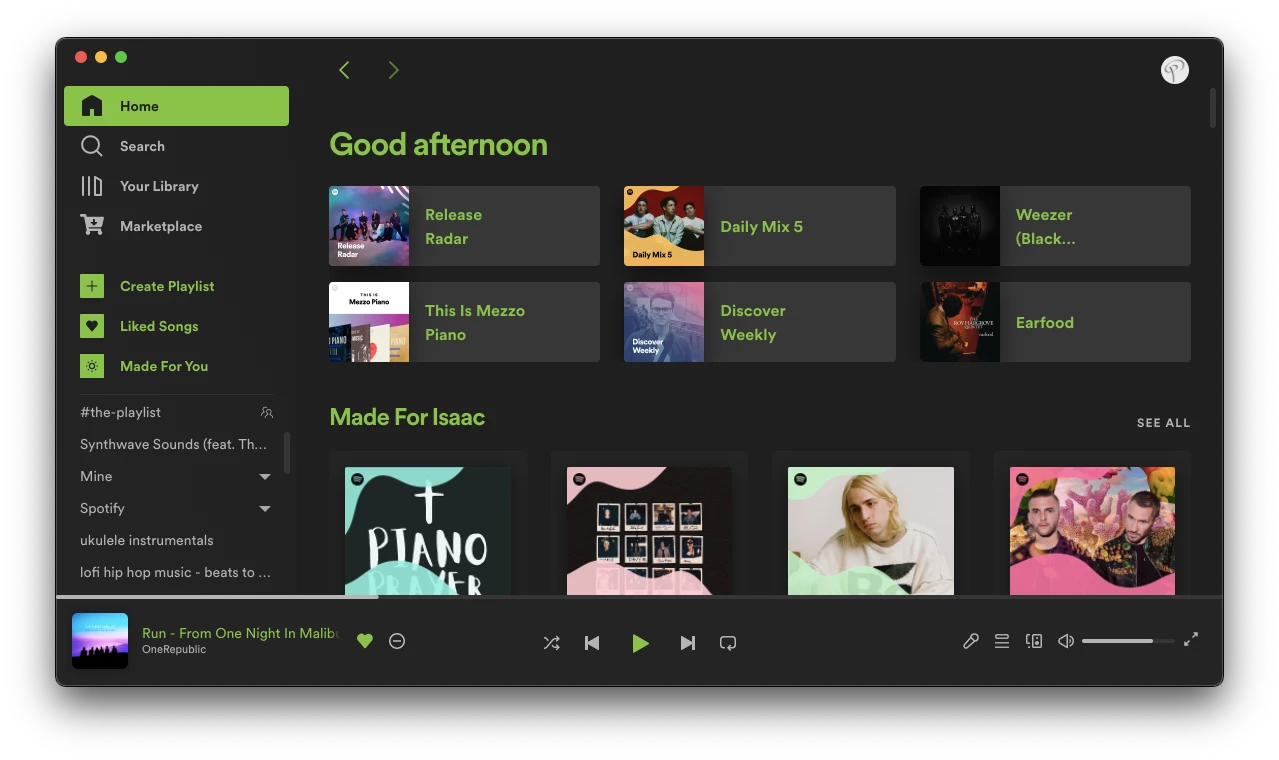 Spotify with Sleek Wealthy theme — a dark interface with green accent colors